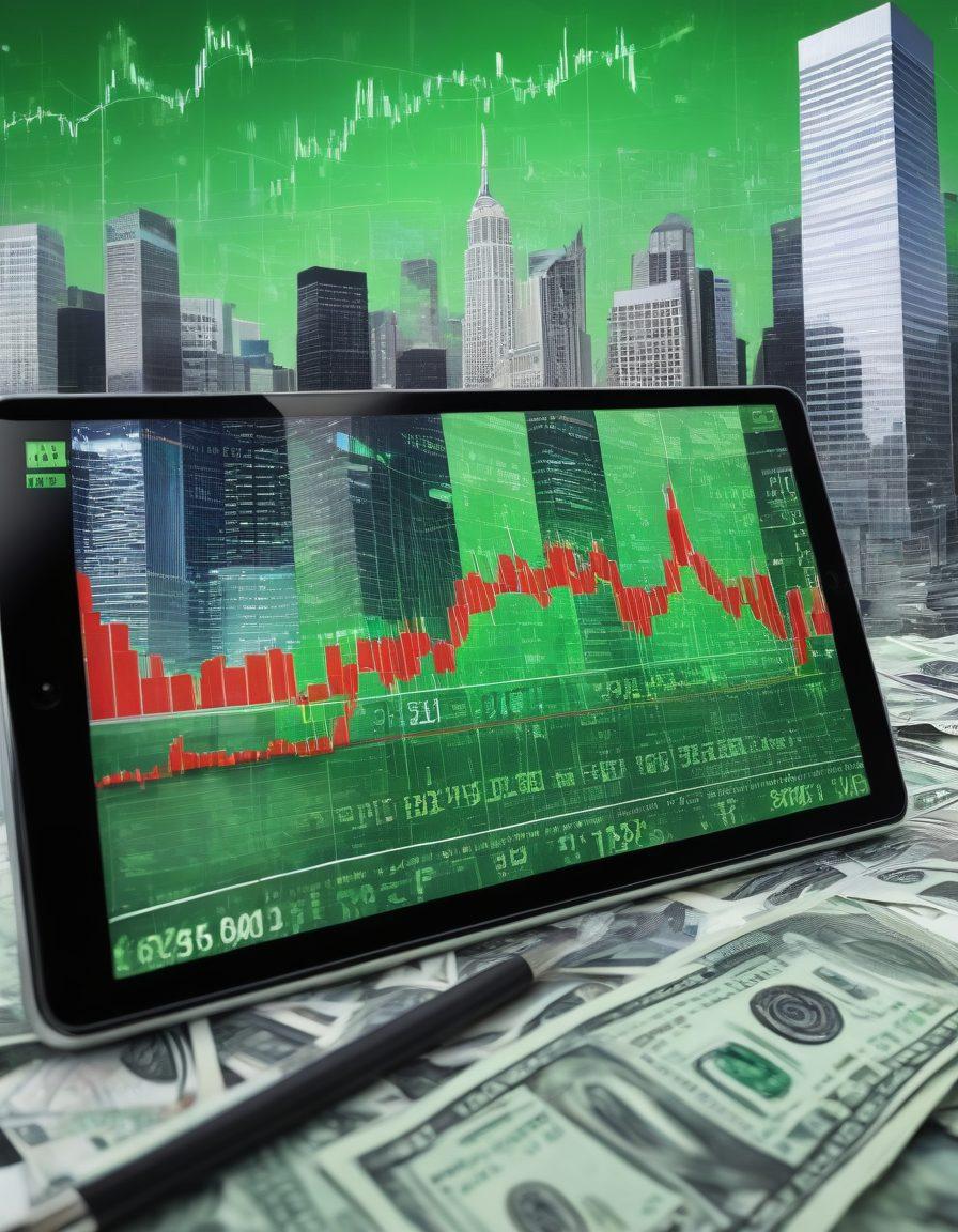 An intricate collage featuring a bustling city skyline, a stock market ticker tape, and a serene Forex trading chart, all merging to symbolize the dynamic world of investments. Include expert advisors discussing strategies over a digital tablet and dollar bills subtly flowing in the background. Bright green and red colors to depict market trends. super-realistic. vibrant colors.