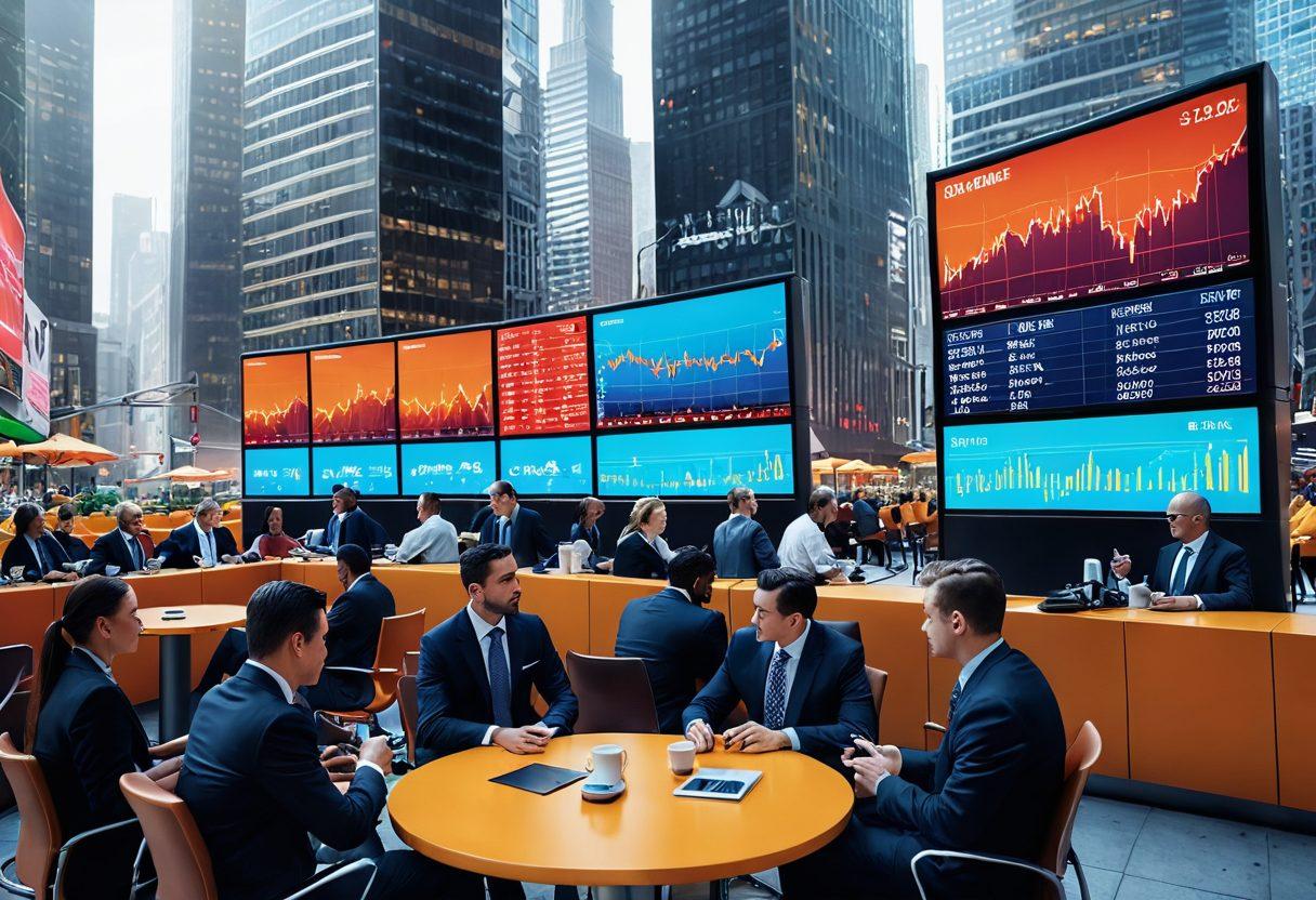 A dynamic urban landscape showcasing bustling traders in action, with digital screens displaying fluctuating stock graphs and charts. Include diverse individuals exchanging ideas over coffee, strategizing their next investment move amidst a backdrop of skyscrapers. Use bright, energetic colors to convey a sense of urgency and opportunity. super-realistic. vibrant colors. 3D.