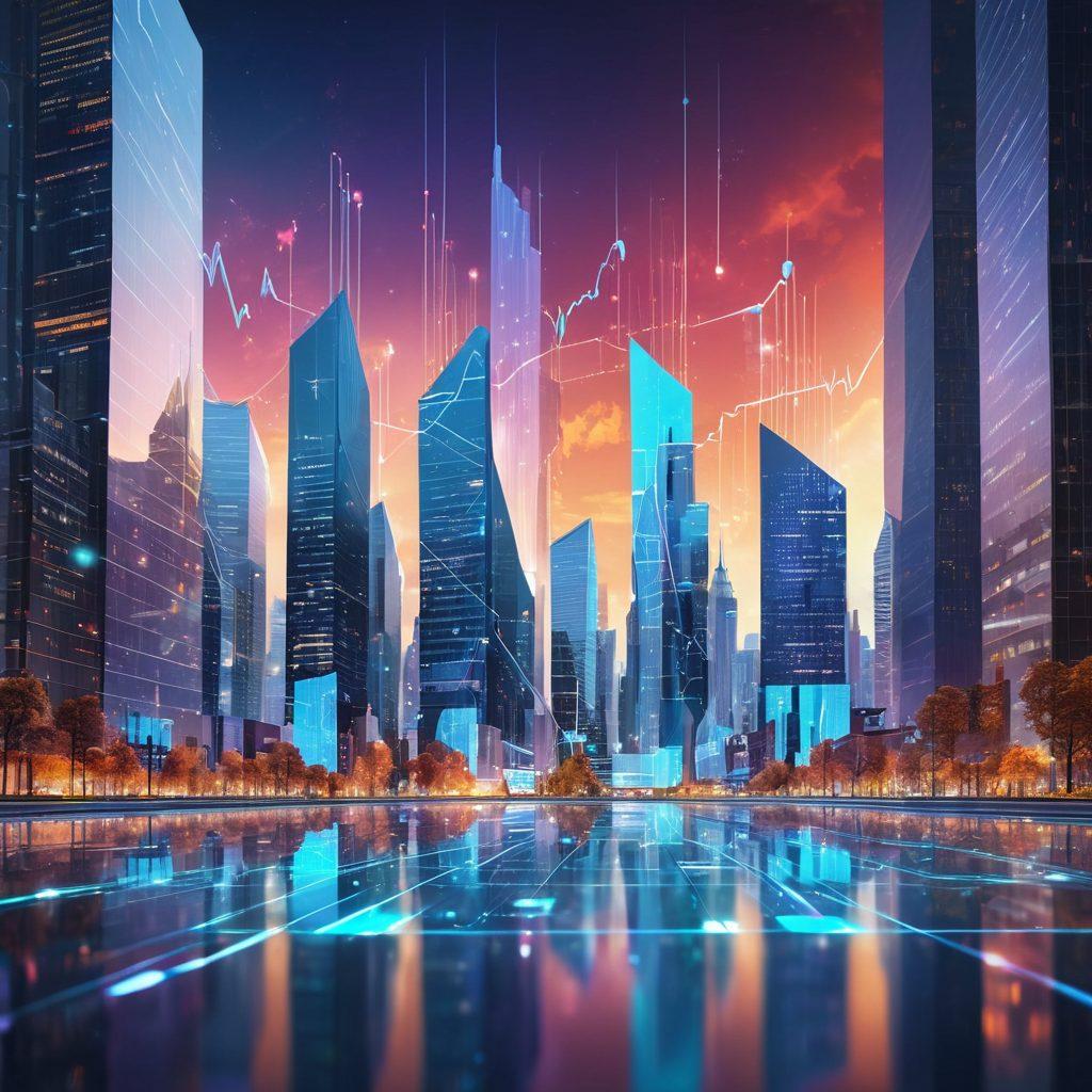 A futuristic city skyline representing market growth, with digital graphs and charts overlaying the buildings, symbolizing economic forecasts. Showcase diverse professionals analyzing data with holographic interfaces, conveying a sense of forward-thinking. Incorporate elements like upward arrows and glowing data points, reflecting innovation and insight. vibrant colors. super-realistic.
